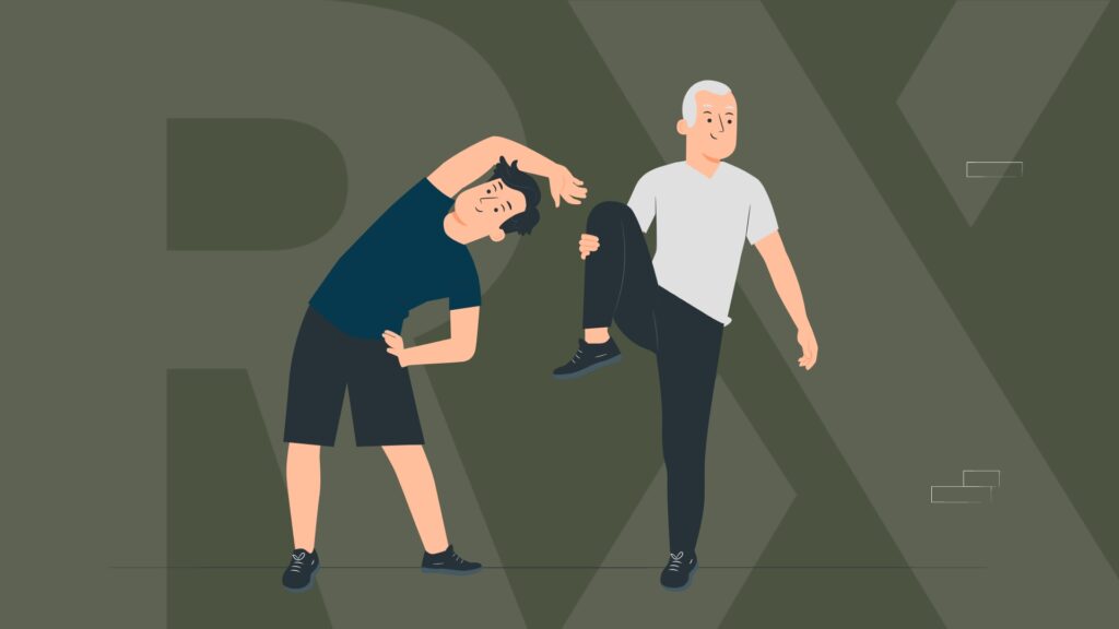 two middle aged men stretching and warming up